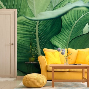 Grande carta da parati fotografica verde foglia tropicale / carta da parati autoadesiva, murale rimovibile, stacca e incolla, decorazione murale