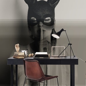 Wallpaper with Young woman with black mask, quiet sign with finger | self-adhesive, removable, peel & stick wall mural, wall decor