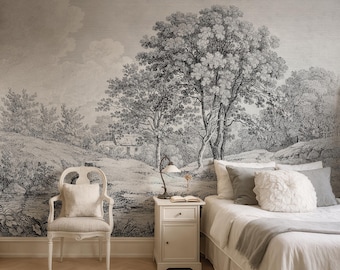 Papel de parede vintage com paisagem, mural de árvores em preto e branco, autoadesivo ou vinílico.
