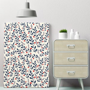 Abstract blue small leaves & red flowers pattern, Canvas Print, Botanical print, Modern Wall Decor, Canvas Art, FOR SELF ASSEMBLY