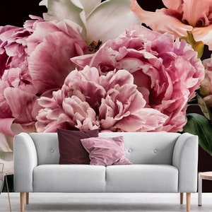 Bouquet di peonie rosa, carta da parati con peonie, carta da parati floreale autoadesiva, stacca e incolla