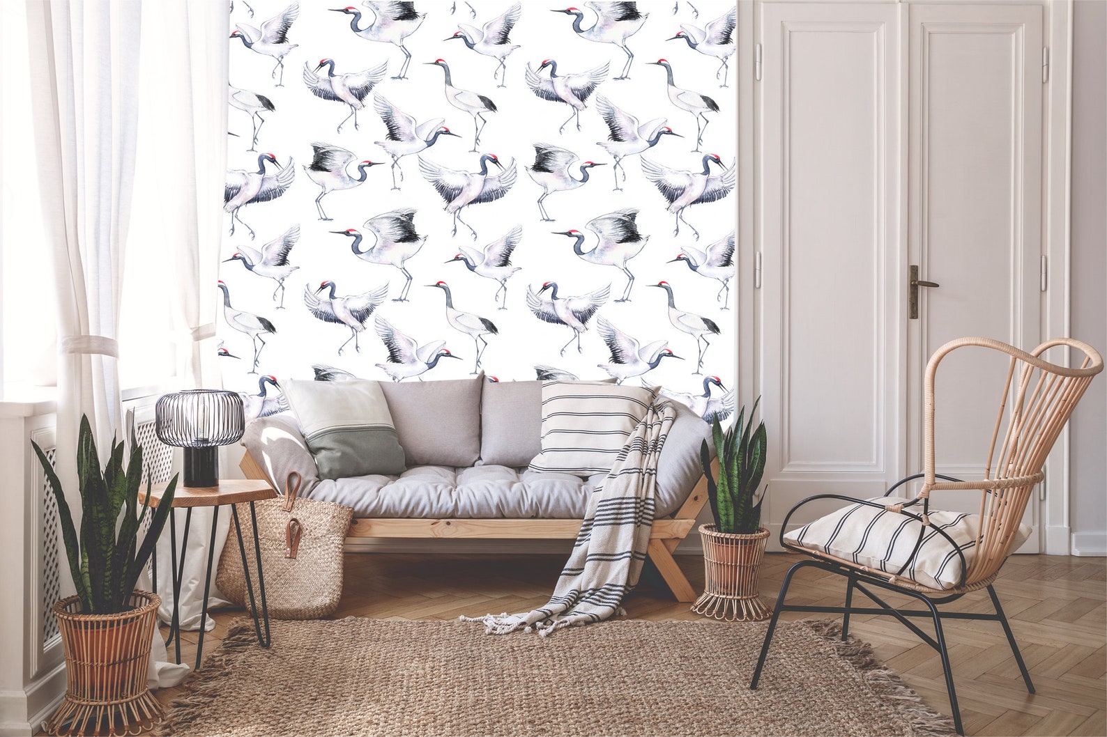 Watercolor white crane bird pattern wallpaper self-adhesive | Etsy