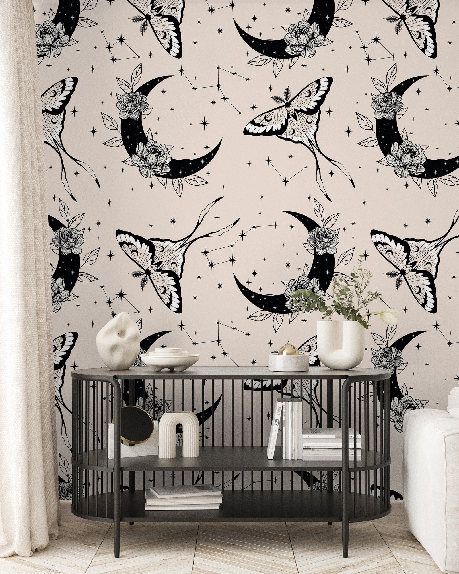 Beige & Black Moon and Moth Wallpaper, Celestial and Insect Pattern | Peel and Stick (Self Adhesive) or Non Adhesive Vinyl Paper