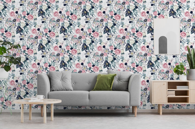 Pink and Green Floral Pattern Wallpaper Peel and Stick Floral - Etsy