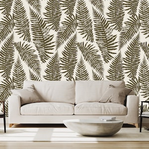 Ivory wallpaper with olive fern leaf pattern | self-adhesive, removable, peel & stick wall mural, wall decor