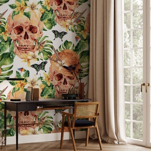 Bunte exotische Tapete mit Monstera Blatt, Totenkopf, Blume & Schmetterling | Abziehen und aufkleben (selbstklebend) oder nicht klebendes Vinylpapier