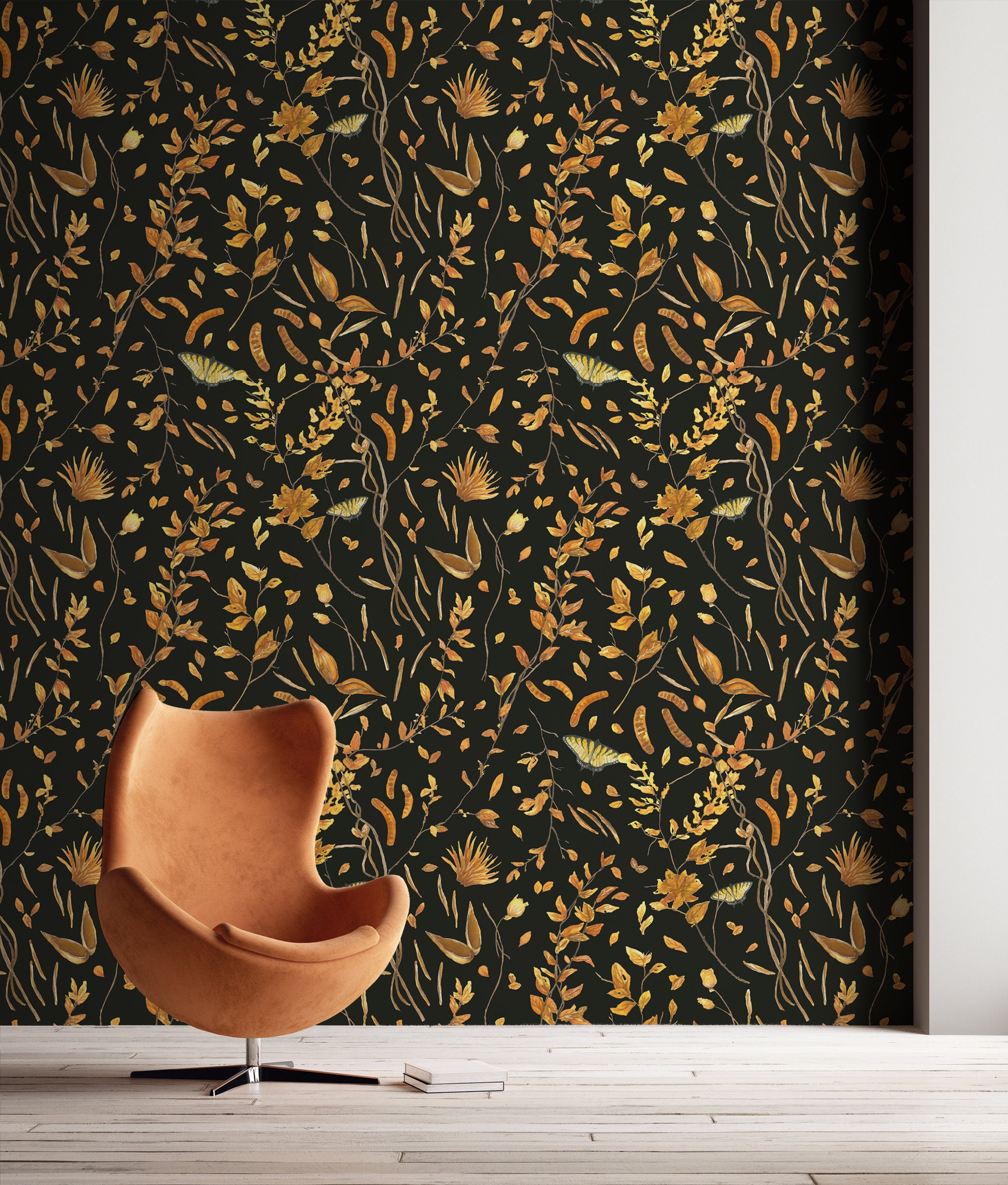 Black Wallpaper With Warm Yellow and Orange Leaf and Butterfly - Etsy Black Wallpaper With Warm Yellow and Orange Leaf and Butterfly - Etsy