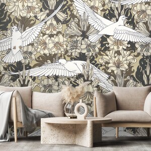 Vogel Tapete mit Blumen | Abziehen und aufkleben (selbstklebend) oder nicht klebendes Vinylpapier