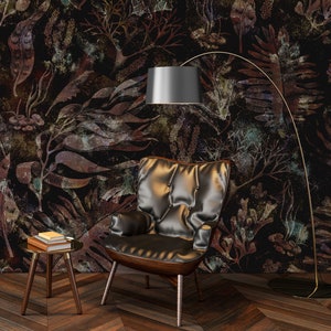 Dark botanical wallpaper, leaf pattern with black and brown tones* | self-adhesive, removable, peel and stick wall mural