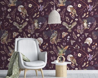 Floral Owl Wallpaper, Abstract Night Bird Pattern, Peel and Stick or Vinyl