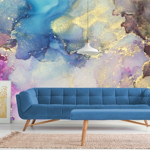 Blue, purple and yellow abstract marble wallpaper | self-adhesive, removable, peel & stick wall mural, wall decor