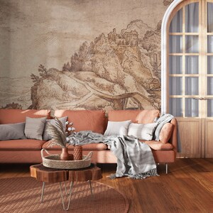 Landscape wallpaper, mountain village, vintage wall mural | Peel and Stick (Self Adhesive) or Non Adhesive Vinyl Paper