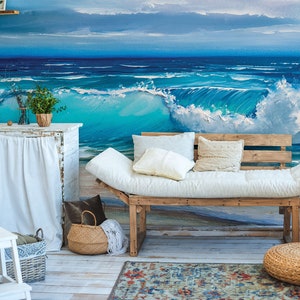 Wallpaper with beach and sea waves, self adhesive, peel and stick wall mural