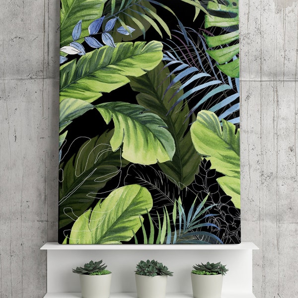 Watercolor green & blue jungle leaves, palm leaf, Canvas Print, Botanical print, Modern Wall Decor, Canvas Art, FOR SELF ASSEMBLY