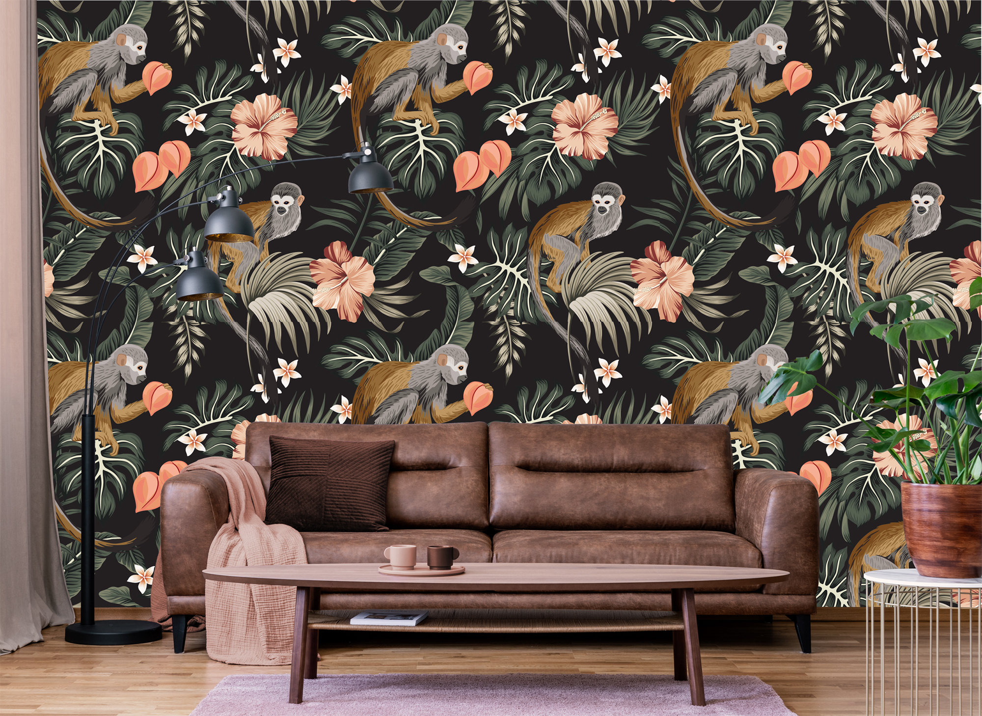 Tropical Wallpaper Vintage Monkey Hibiscus Flower Peach - Etsy