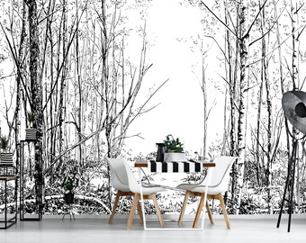 Black and white wallpaper with forest | self-adhesive, removable, peel & stick wall mural, wall decor