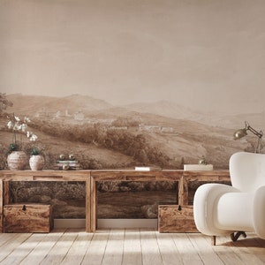 Vintage wallpaper with old town landscape | Peel and Stick (Self Adhesive) or Non Adhesive Vinyl Paper