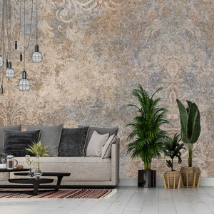 Gray and brown concrete wallpaper with patterns, stone mural | self-adhesive, removable, peel & stick wall mural