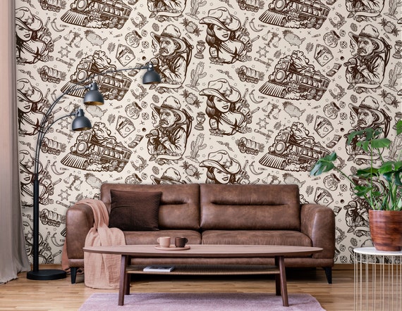 Buy Western Motive Wallpaper Cowboy and Girl Old School Pattern Online in  India  Etsy