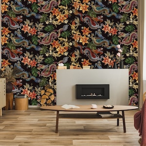 Asiatischer Drache und schöne gelbe Narzissenblumen, Tapete im orientalischen Stil | Selbstklebendes, wieder ablösbares, schälen und aufkleben Wandbild
