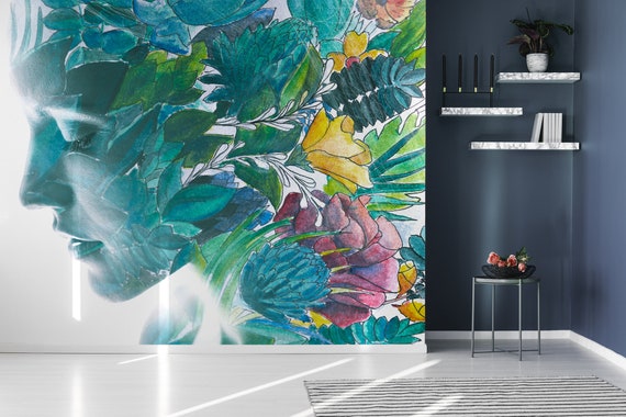 Woman face with floral crown, peel and stick wall mural