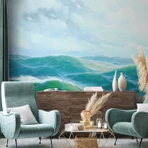 Seascape and Sky Wallpaper, Marine Acrylic Painting Wall Mural | Peel and Stick (Self Adhesive) or Non Adhesive Vinyl Paper