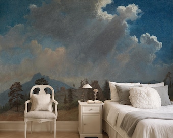 Papel de parede com paisagem de nuvens, arte de parede vintage, mural de céu | Autoadesivo ou papel de vinil tradicional