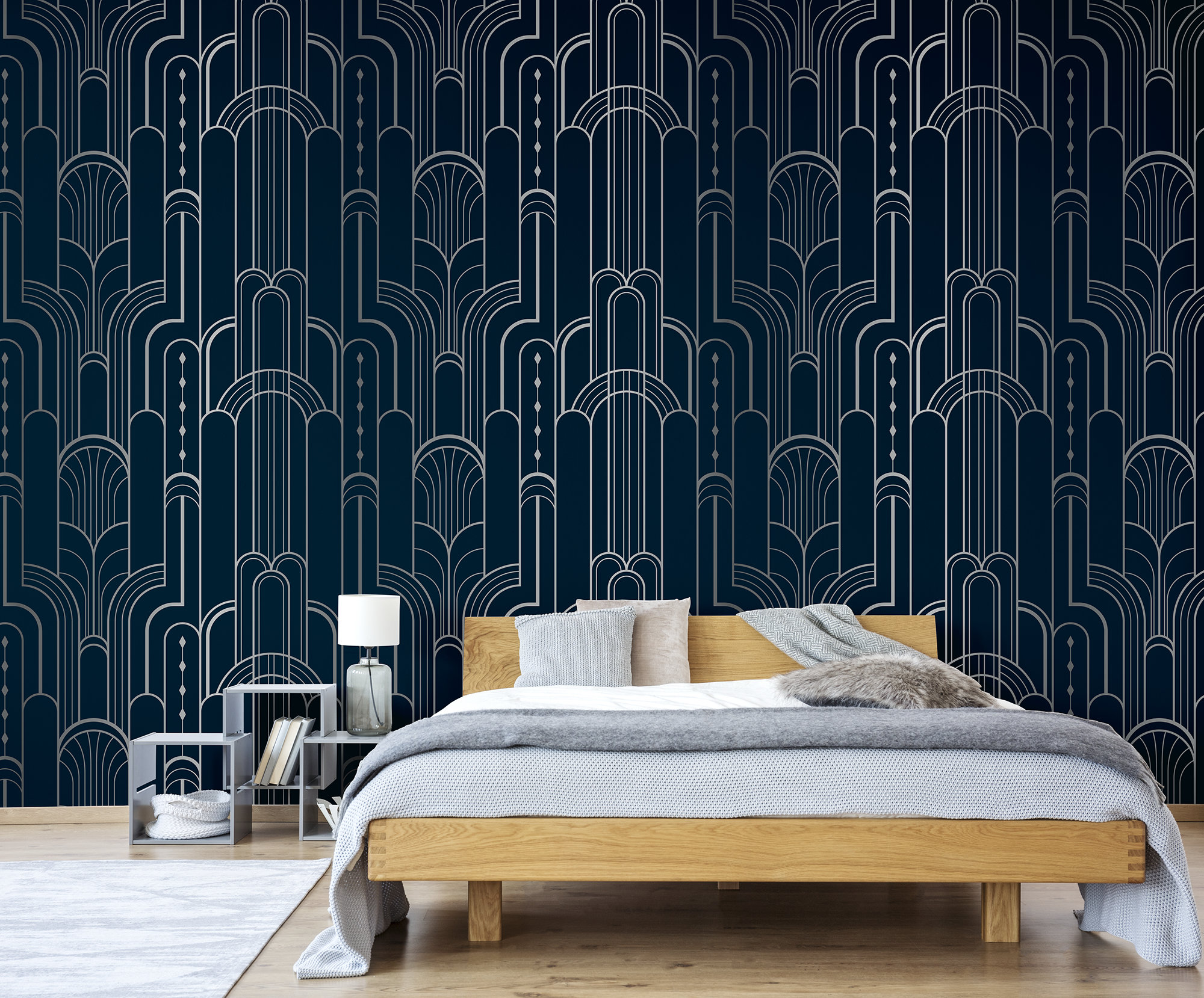 Dark Navy and Gray Art Deco Geometric Pattern Wallpaper Peel - Etsy