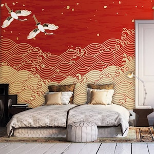 Japanese design waves drawing wallpaper,home decor, wall art,peel and stick-Wall decor-Self,Adhesive Wall Mural-Reusable,wall decal,clipart,