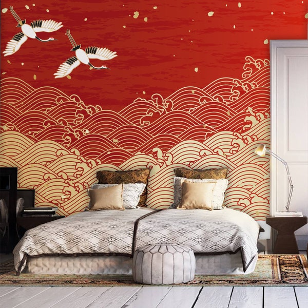 Japanese Waves Peel and Stick Wallpaper, Red and Gold Home Decor