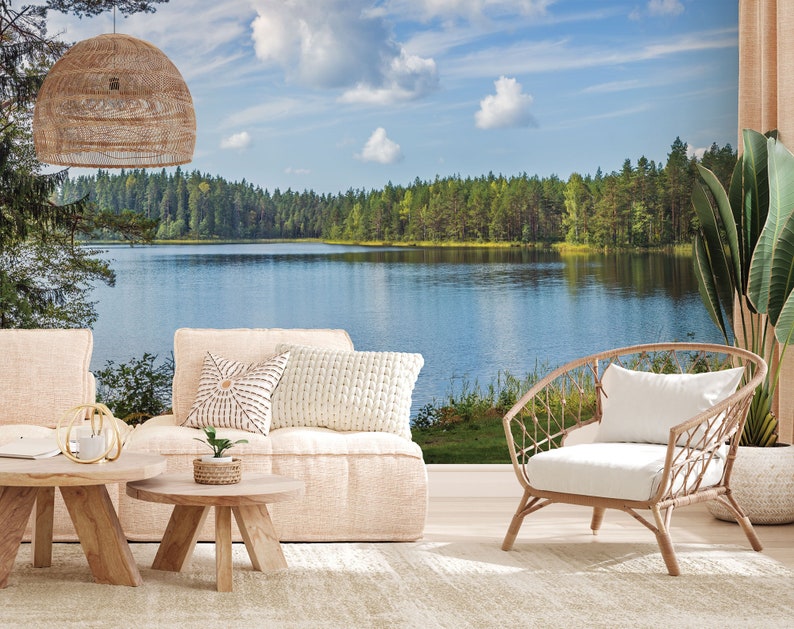 Lake & Forest Landscape Wallpaper | Peel and Stick Vinyl - Etsy