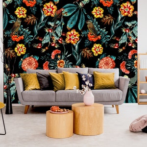 Tropical flora and fauna wallpaper, colorful floral pattern, black background, rowanberry, parrots, self-adhesive, peel and stick wall mural