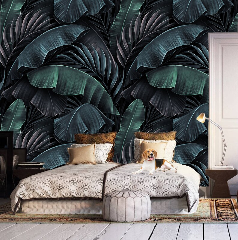 Dark Tropical Leaf Wallpaper, Peel and Stick Removable Wall Mural - Etsy