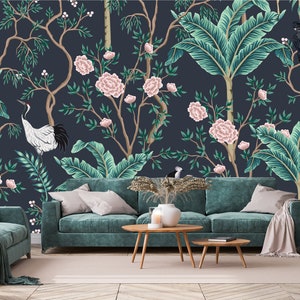 Vintage chinoiserie trees and birds wallpaper | self-adhesive, removable, peel & stick wall mural, wall decor