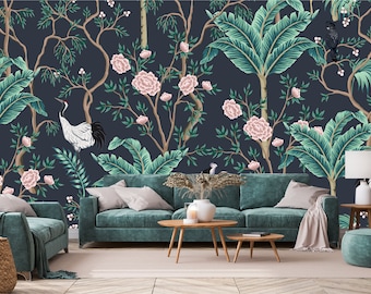 Vintage chinoiserie trees and birds wallpaper | self-adhesive, removable, peel & stick wall mural, wall decor