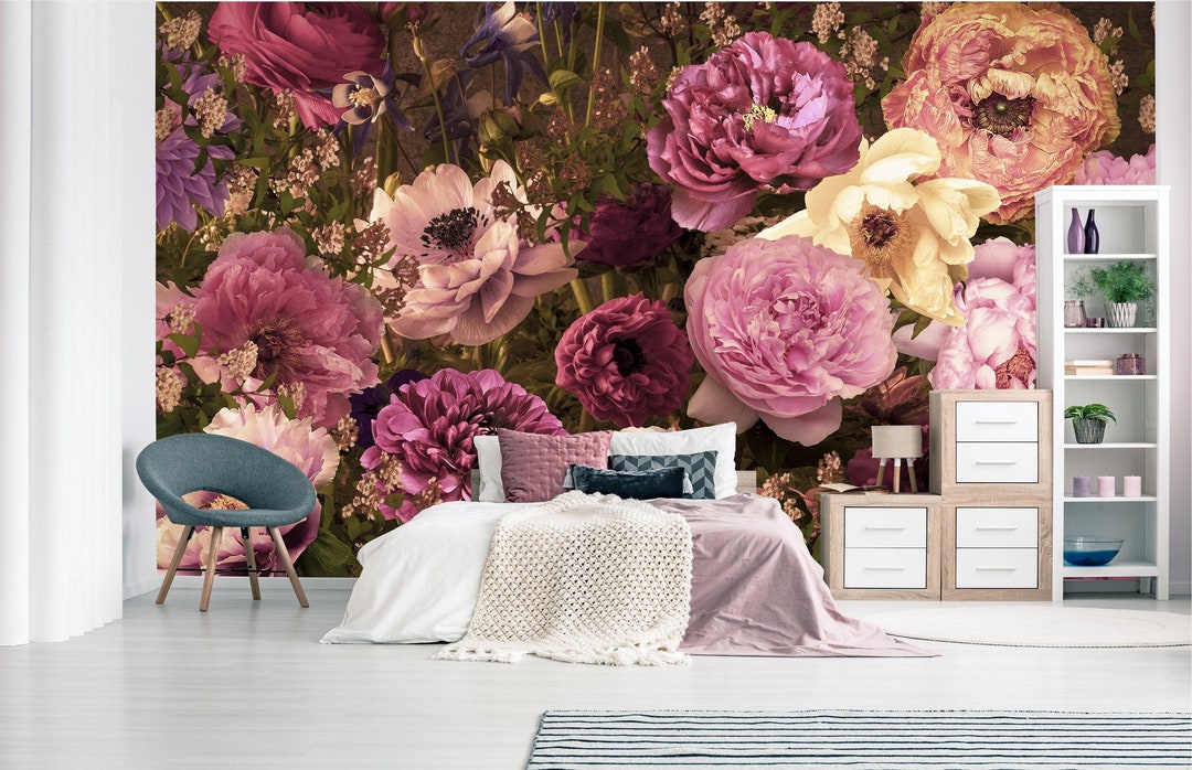 Pink Peony Mural, Floral Photo Wallpaper | Self-adhesive, Removable ...