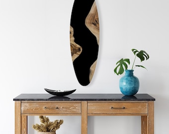 Handmade Boho Surfboard Wall Art, Black Wood Imitation, Coastal Decor