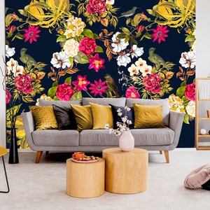 Wallpaper with colorful flowers, floral pattern, home decor, wall decal, removable peel and stick wallpaper, art floral, self adhesive