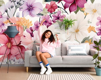 Floral Wall Mural, Colorful Blossoms, Botanical Peel and Stick Wallpaper
