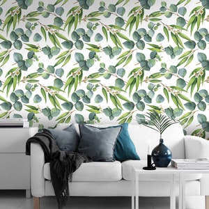 Wallpaper with green leaf pattern, self adhesive, peel and stick floral wall mural
