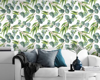 Wallpaper with green leaf pattern, self adhesive, peel and stick floral wall mural