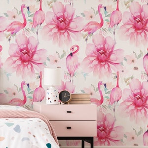 Hand drawn flamingos and peonies, watercolor pattern, peel and stick wall mural