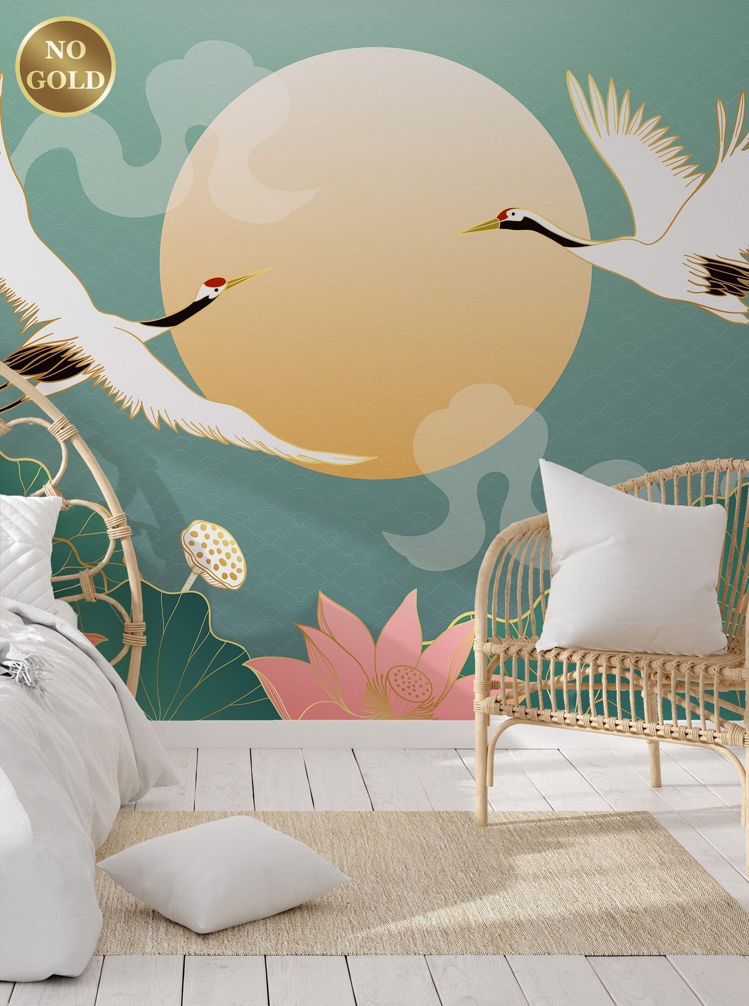 Japanese Crane, Lotus Flower & Sun Art Deco Wall Mural, Bird