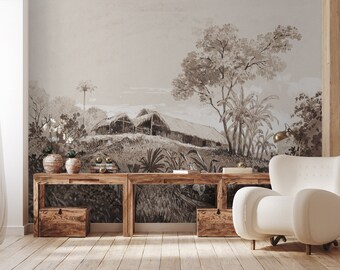 Vintage Rural Landscape Wall Mural, Retro Peel and Stick Wallpaper