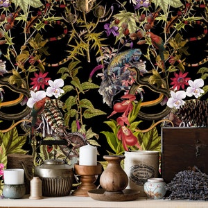 Tropical flora and fauna wallpaper, snakes, parrots and more, tropical pattern, self-adhesive,  peel and stick wall mural, floral art