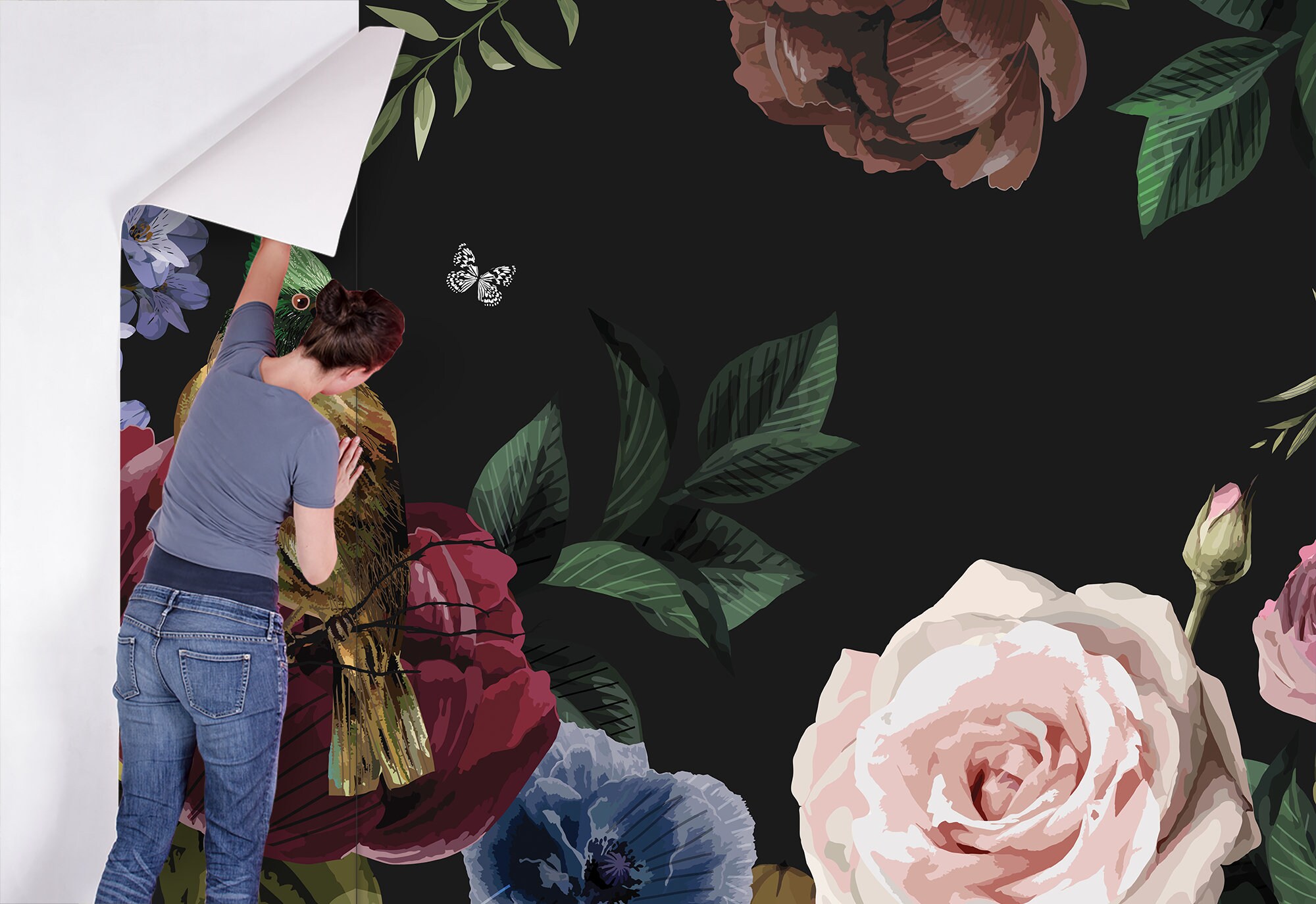 Black Wallpaper With Pink and Red Roses, Self Adhesive, Peel and Stick ...