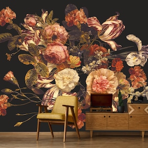papier peint hollandais vintage avec roses, tulipes et iris, papier peint Peel & Stick, fresque murale amovible auto-adhésive