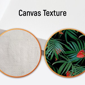 Puede incluir: Primer plano de una textura de lienzo blanco con un tejido visible. El lienzo se muestra junto a un fondo negro con un patr&oacute;n de hojas tropicales verdes y rojas. El texto "Canvas Texture" est&aacute; impreso sobre las im&aacute;genes.