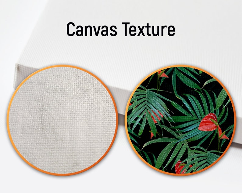 Puede incluir: Primer plano de una textura de lienzo blanco con un tejido visible. El lienzo se muestra junto a un fondo negro con un patr&oacute;n de hojas tropicales verdes y rojas. El texto "Canvas Texture" est&aacute; impreso sobre las im&aacute;genes.