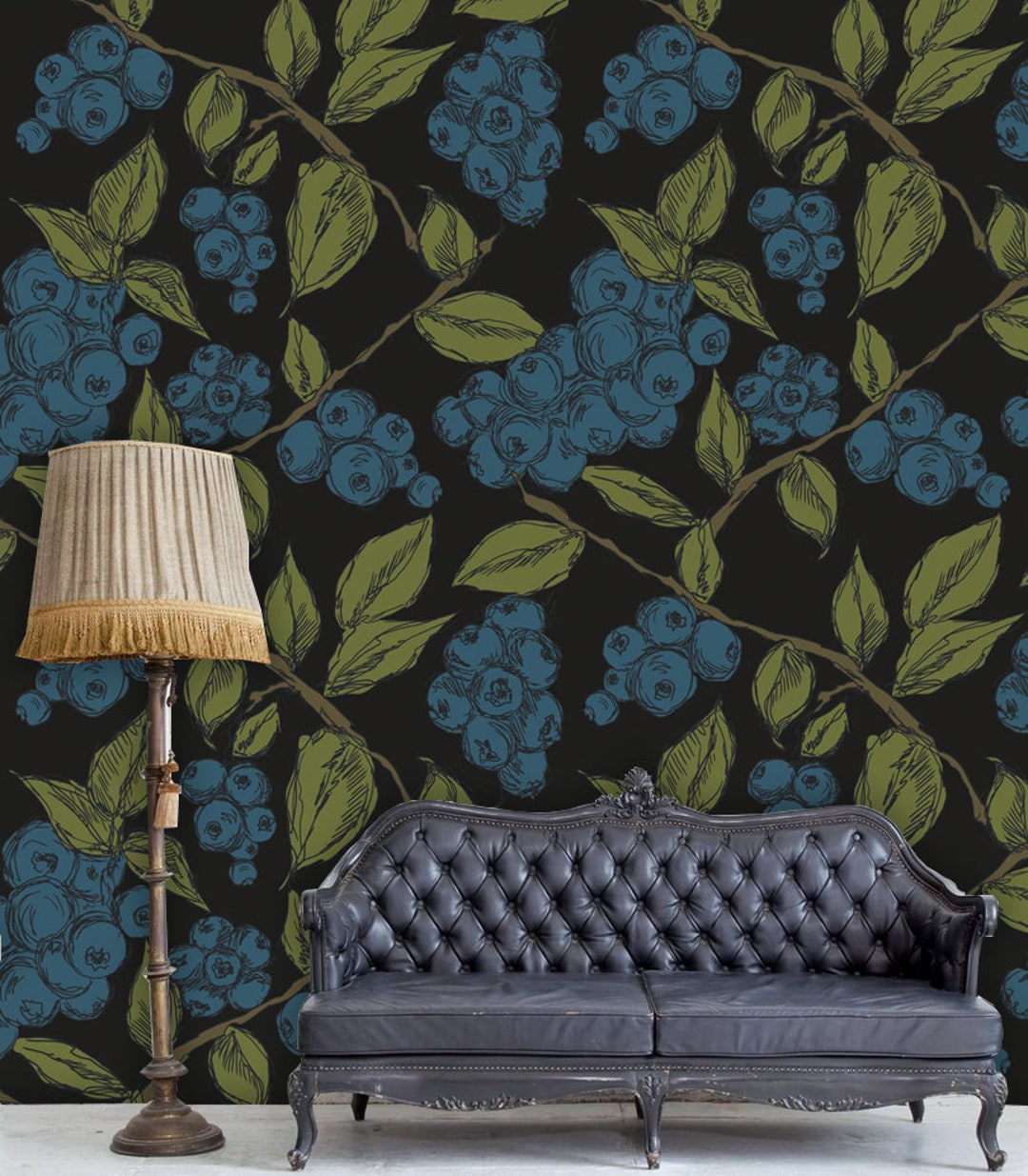 Blueberry Branch Wallpaper, Dark Home Decor, Peel and Stick Wall Decal ...